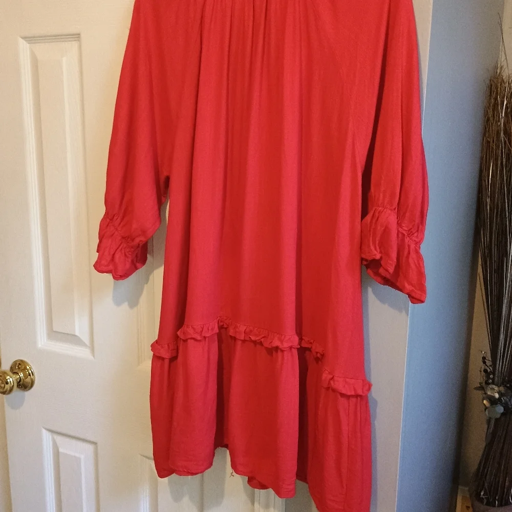 M Shopthemint Women’s Size M Red Linen Cotton Ruffle Peasant Tunic Dress Boho - Picture 11 of 13